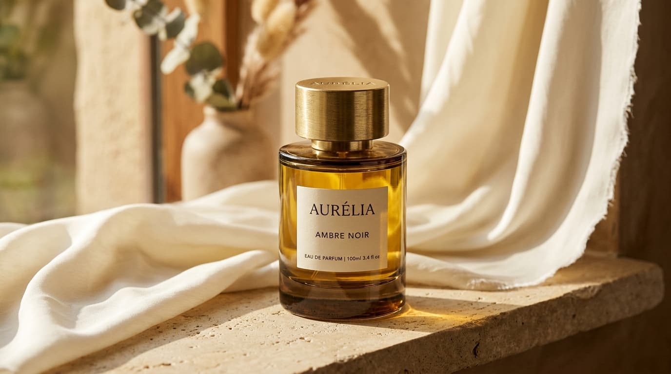 Elegant perfume bottle with warm amber tones
